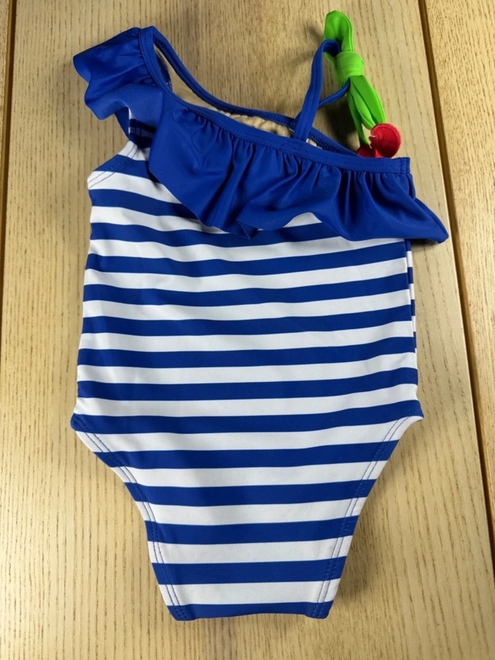 Old Navy Baby Girls Blue White Striped Cherry Ruffle One Shoulder Swimsuit 6-12M